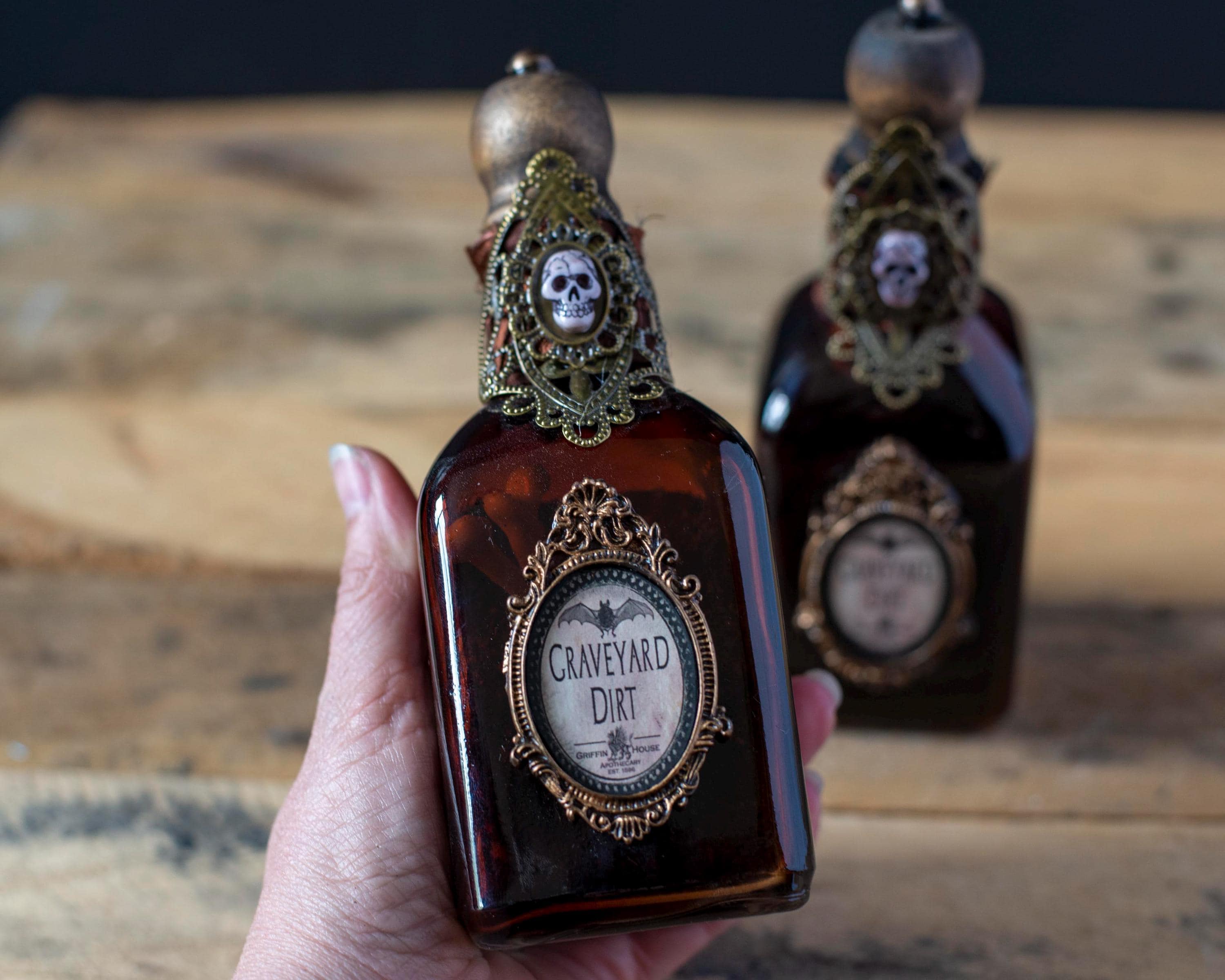 Graveyard Dirt Potion Bottle: Halloween Decor, Altered Art Bottle