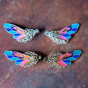 Fairy Wing Hair Clips, Enamel Inlaid Insect Wings in Gold or Silver, Fairy Costume Hairpiece, Ren Fest Accessory, Fantasy Wedding Clip