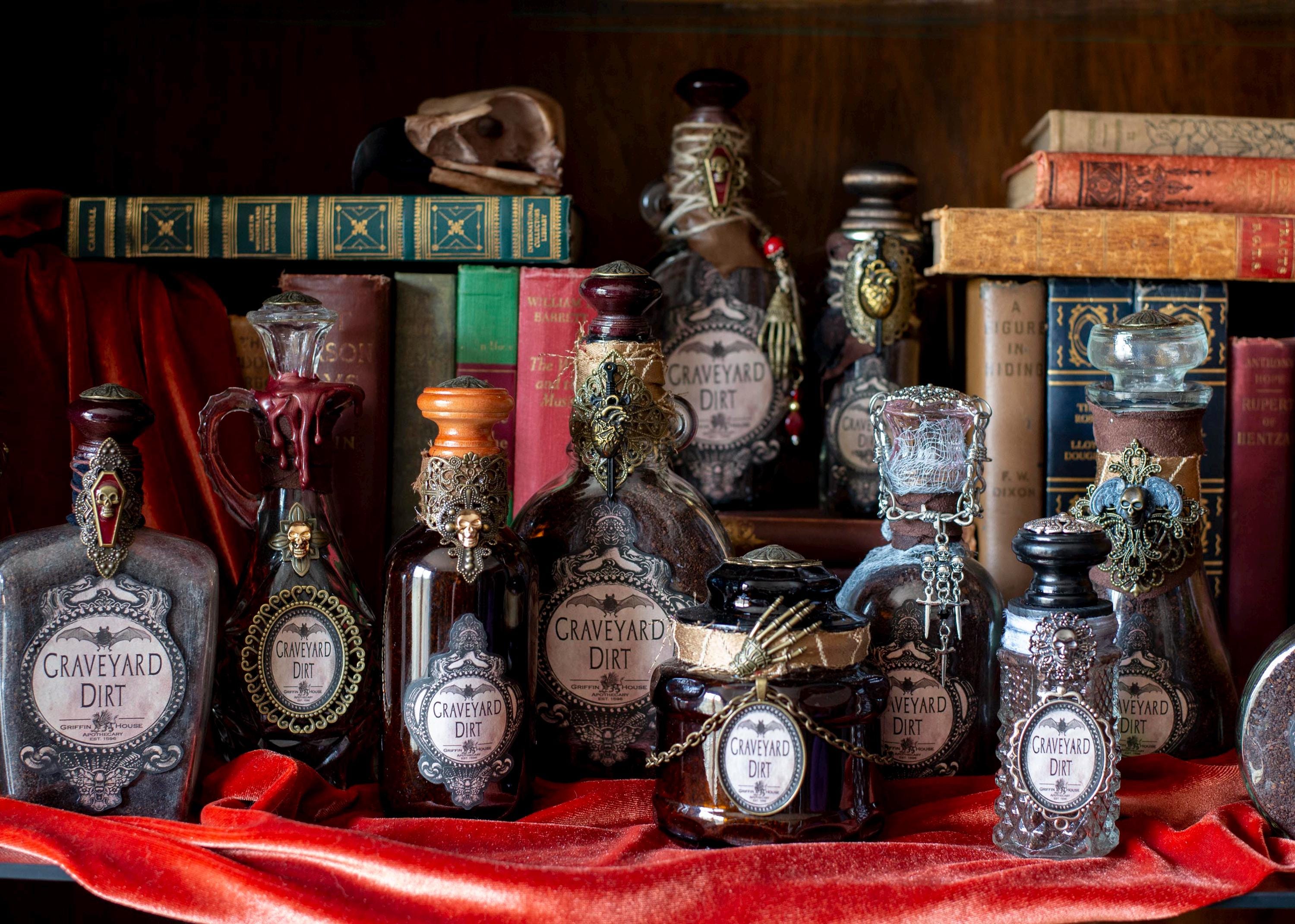 Graveyard Dirt Potion Bottle: Halloween Decor, Altered Art Bottle