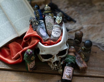 Botellas de poción de Halloween en miniatura, decoración de Halloween, pociones de mago, pociones de bruja, exhibición de Halloween, decoración de estantería, fiesta de Halloween