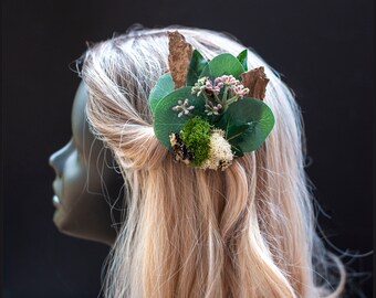 Tree Bark and Moss Hair Clip, Fairy Hair Clip, Green Wedding Fascinator, Succulent Hair Clip, Moss Hair Clip, Hand Fasting, Forest Wedding