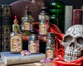 Forest Witch Potions, Cursed Candies Potion, Halloween Potion Bottle, Halloween Decor, Witch Potion Bottles, Bookcase Decor, Bookshelf Decor