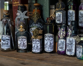 Large Dark Fairy Potion Bottles, Halloween Decor, Halloween Potions, Wizard Potions, Witch Potions, Magic Potions