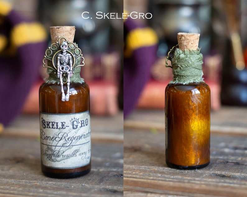 Mini Wizard School Potion Bottle, Potions Class, Potion Bottle, Movie Props, Wizarding School, Witch Potions, Holiday Gift Idea C. Skele-Gro