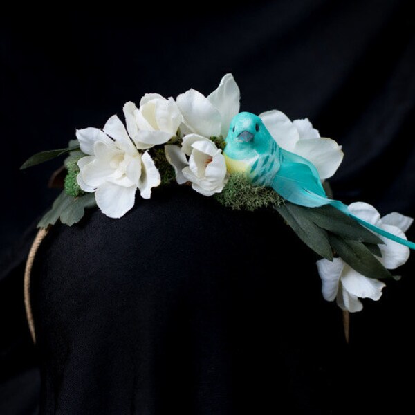 Woodland Wedding Ivory Flower and Blue Bird Headband Woodland Fairy Headband Turquoise Headband Flower Head Piece Fairy Costumes LARP