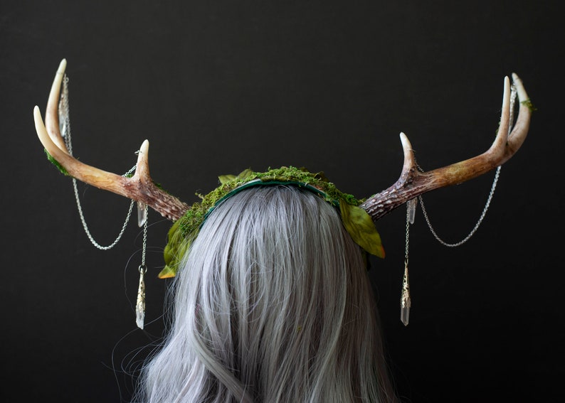 Elegant Faux Deer Antler Headdress Moss, Silk Leaves, Crystals Fantasy Costume Accessory for Festivals, Weddings, and More image 4