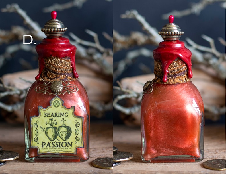 Searing Passion Potion Bottle, Love Potion, Halloween Potions, Halloween Decor, Valentine Potions, Wizard School, Altar Decor, Recycled Style D