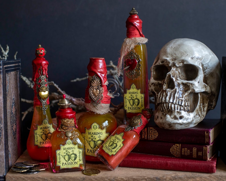 Searing Passion Potion Bottle, Love Potion, Halloween Potions, Halloween Decor, Valentine Potions, Wizard School, Altar Decor, Recycled image 1