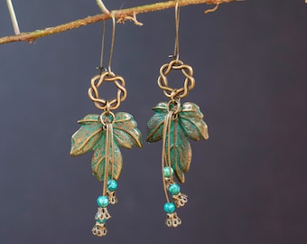 Copper Green Bohemian Leaf Earrings, Fairy Earrings, Leaf Earrings for Fairy Costume, Fairytale Wedding, Hand Fasting, Fairy Leaf Earrings