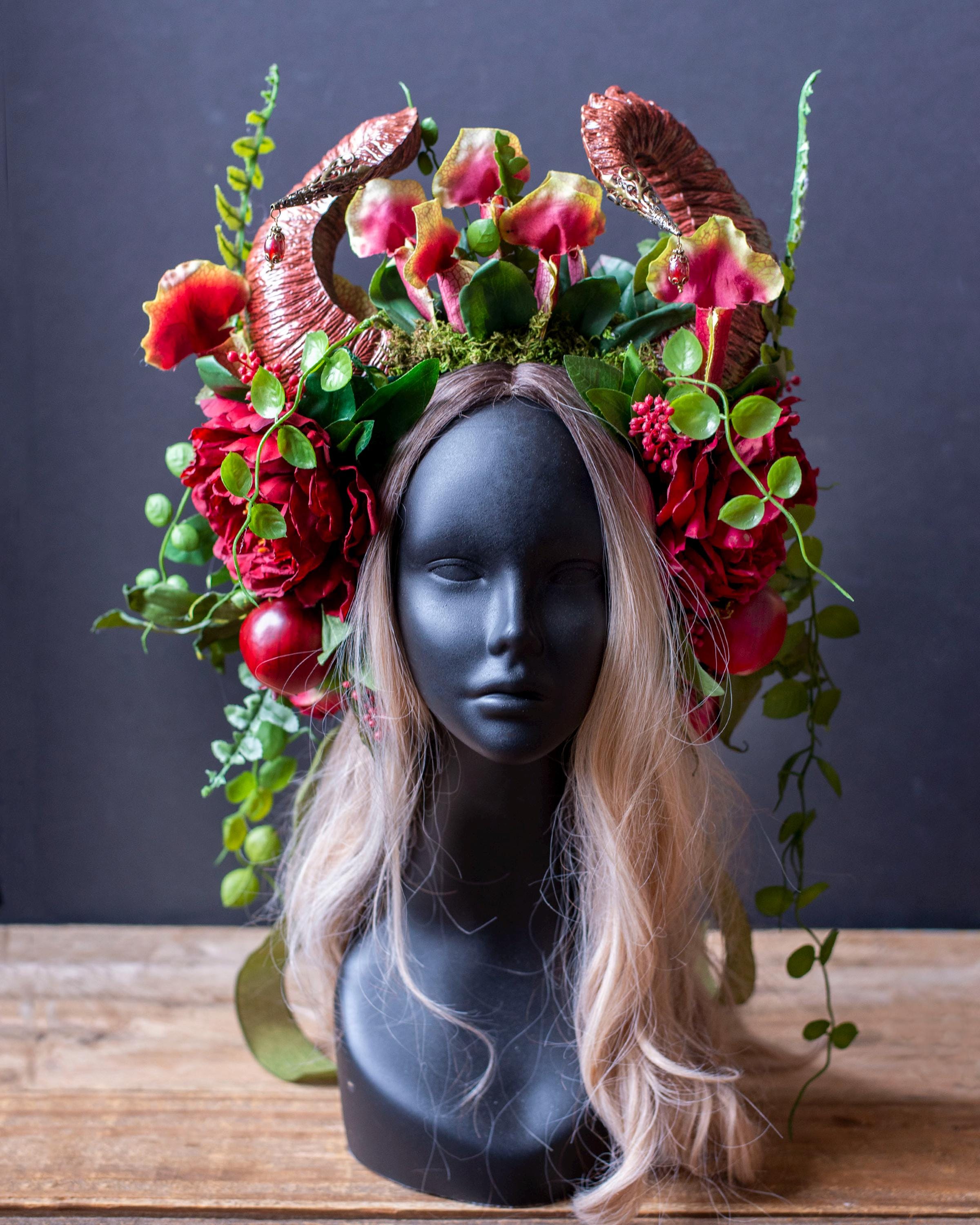 Burgundy Ram Horn Headdress, Persephone Crown, Sorceress 