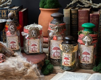 Toadstool Potion Bottle: Upcycled Glass Apothecary Jar, Halloween Decor
