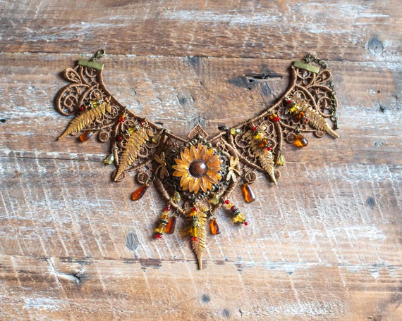 Autumn Fairy Choker : Sunflower Statement Necklace, Bronze Fern & Vintage Lace, Cottagecore Harvest Jewelry