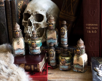 Sands of Time Potion Bottles, Magic Potions, Altered Bottle Art, Witch Apothecary Bottles, Halloween Potions, Witch Potions, Wizard Potions