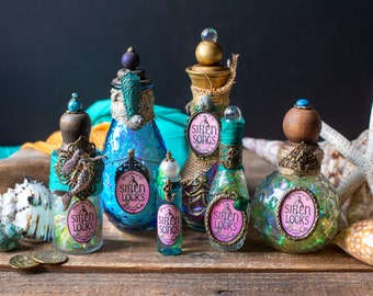 Mermaid Potion Bottles, Sea Witch Potions, Halloween Potion Bottles, Altered Glass Bottles, Siren Potion Bottles