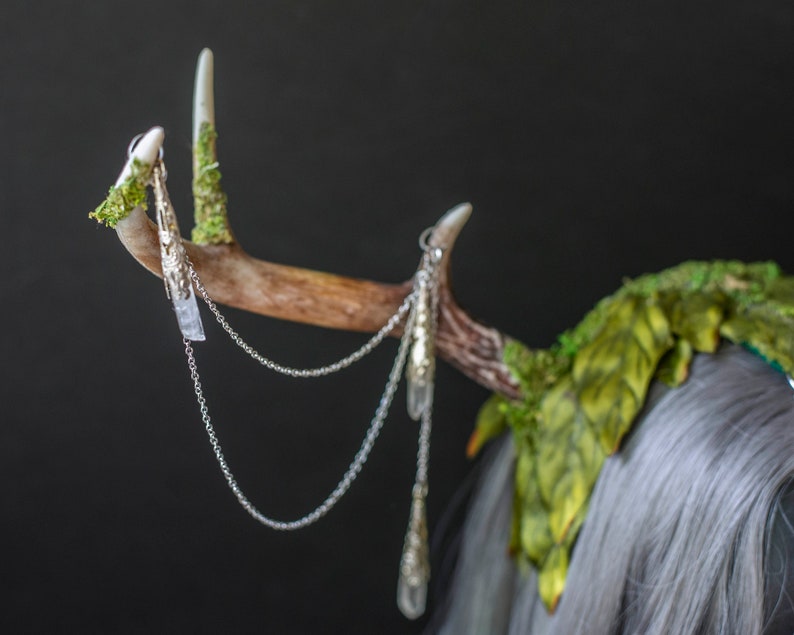 Elegant Faux Deer Antler Headdress Moss, Silk Leaves, Crystals Fantasy Costume Accessory for Festivals, Weddings, and More image 6