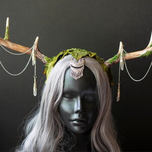 Elegant Faux Deer Antler Headdress Moss, Silk Leaves, Crystals Fantasy Costume Accessory for Festivals, Weddings, and More image 1