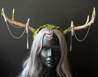 Elegant Faux Deer Antler Headdress | Moss, Silk Leaves, Crystals | Fantasy Costume Accessory for Festivals, Weddings, and More