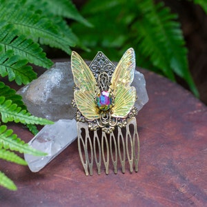 Rainbow Fairy Wing Hair Comb: Aurora Borealis, Bronze Filigree