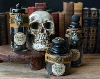 Werewolf Fur Apothecary Jar, Handcrafted Gothic Halloween Decor Potions