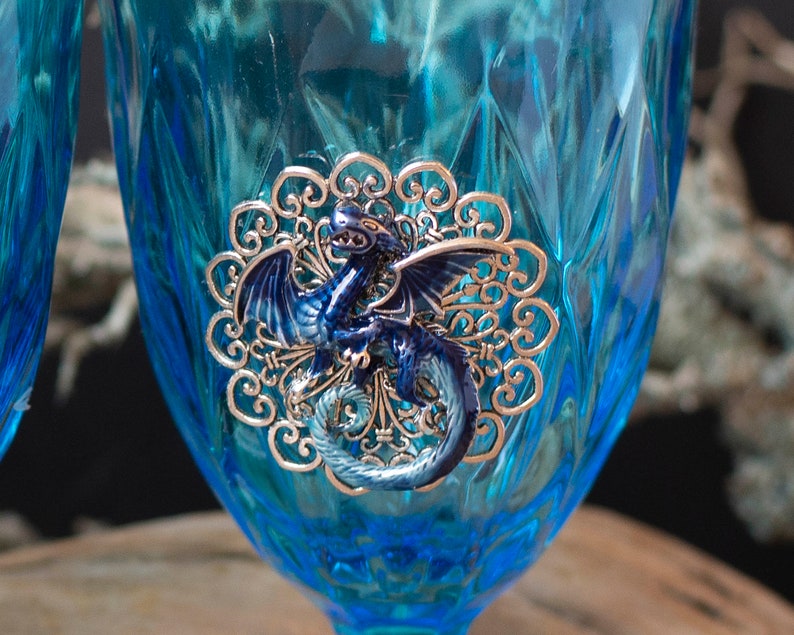 Blue Dragon Glass Goblet Set, Vintage Upcycled Goblets, Fairytale Wedding Glasses, Fantasy Wedding, Hand Fasting image 9