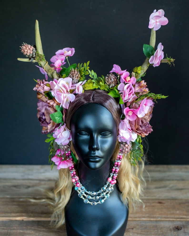 Antler Headdress, Pink Flower Crown, Horned Headdress, Faun Costume, Festival Headdress, Hand Fasting, Fairytale Wedding, Fairy Costume image 3