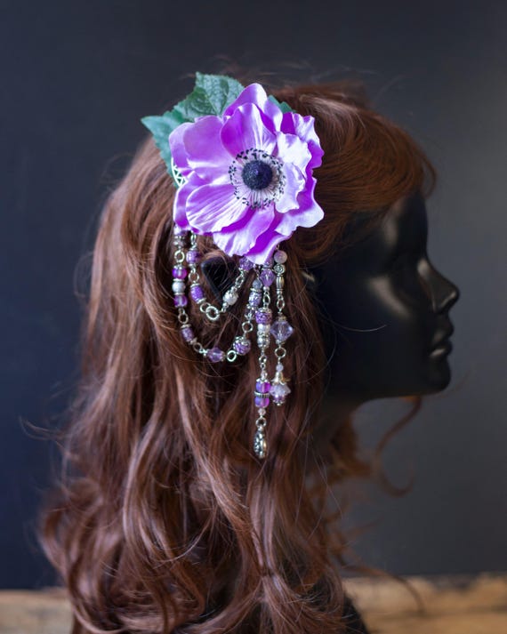Purple Fairy Fascinator: Beaded Flower Hair Clip, Elven  display picture 2