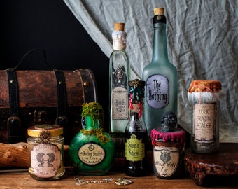 Magic Potion Bottles, Neverending Story Inspired Potion Bottles, Altered Bottle, Halloween Potion Bottles, Halloween Decor, Upcycled Art