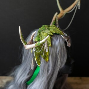 Elegant Faux Deer Antler Headdress Moss, Silk Leaves, Crystals Fantasy Costume Accessory for Festivals, Weddings, and More image 3