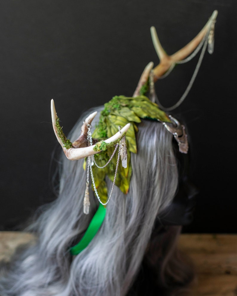 Elegant Faux Deer Antler Headdress Moss, Silk Leaves, Crystals Fantasy Costume Accessory for Festivals, Weddings, and More image 3