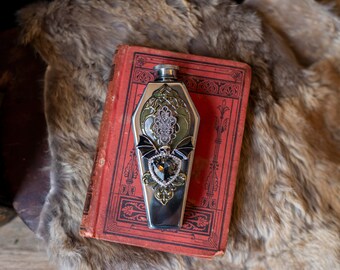 Gothic Rhinestone Bat Head Coffin Flask - One of a Kind