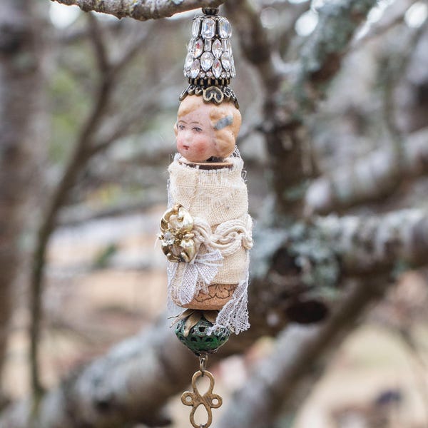 Whimsical Assemblage Art Doll: Vintage Ornament Light Catcher
