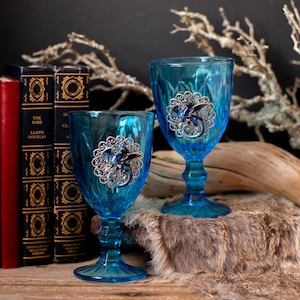 Blue Dragon Glass Goblet Set, Vintage Upcycled Goblets, Fairytale Wedding Glasses, Fantasy Wedding, Hand Fasting image 1