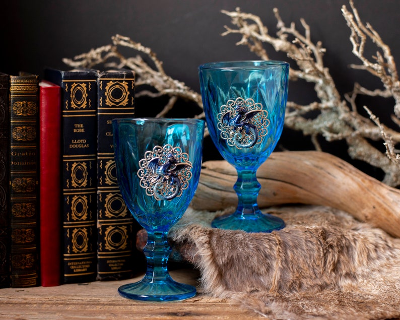 Blue Dragon Glass Goblet Set, Vintage Upcycled Goblets, Fairytale Wedding Glasses, Fantasy Wedding, Hand Fasting image 1