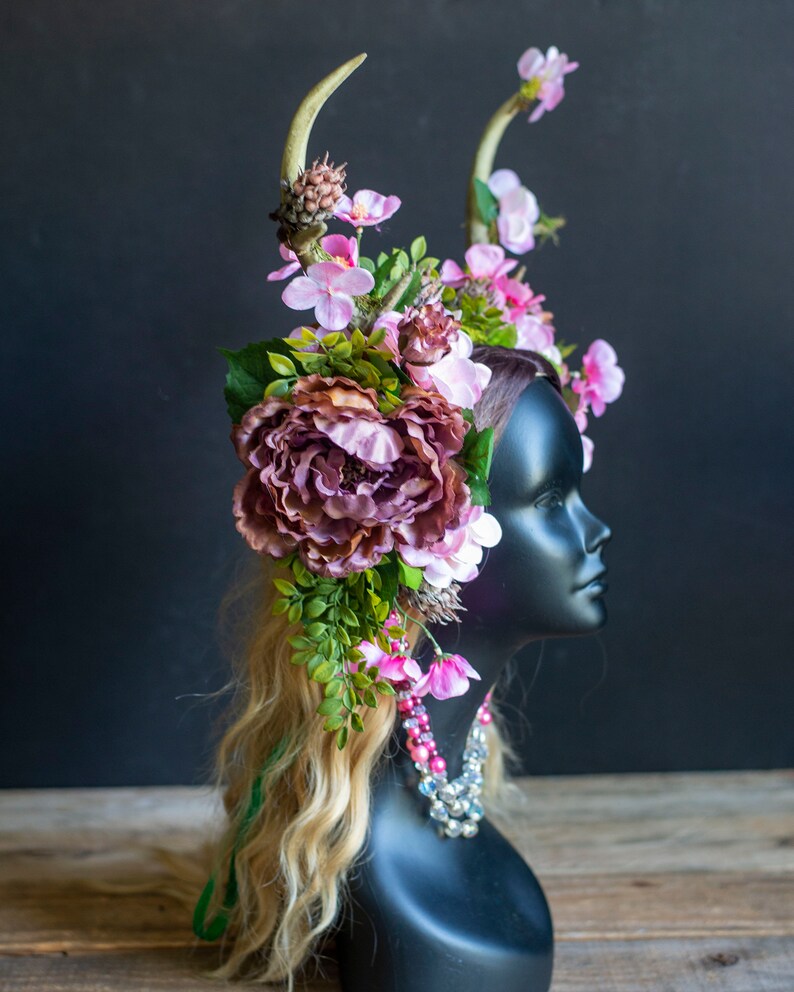 Antler Headdress, Pink Flower Crown, Horned Headdress, Faun Costume, Festival Headdress, Hand Fasting, Fairytale Wedding, Fairy Costume image 2