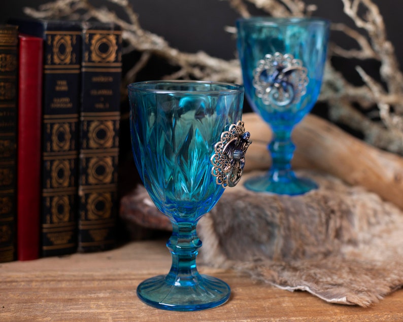 Blue Dragon Glass Goblet Set, Vintage Upcycled Goblets, Fairytale Wedding Glasses, Fantasy Wedding, Hand Fasting image 5