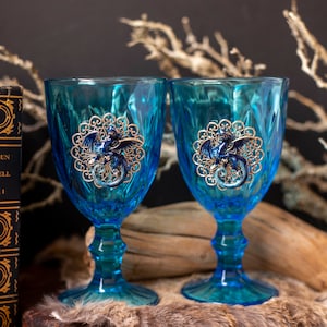 Blue Dragon Glass Goblet Set, Vintage Upcycled Goblets, Fairytale Wedding Glasses, Fantasy Wedding, Hand Fasting image 2