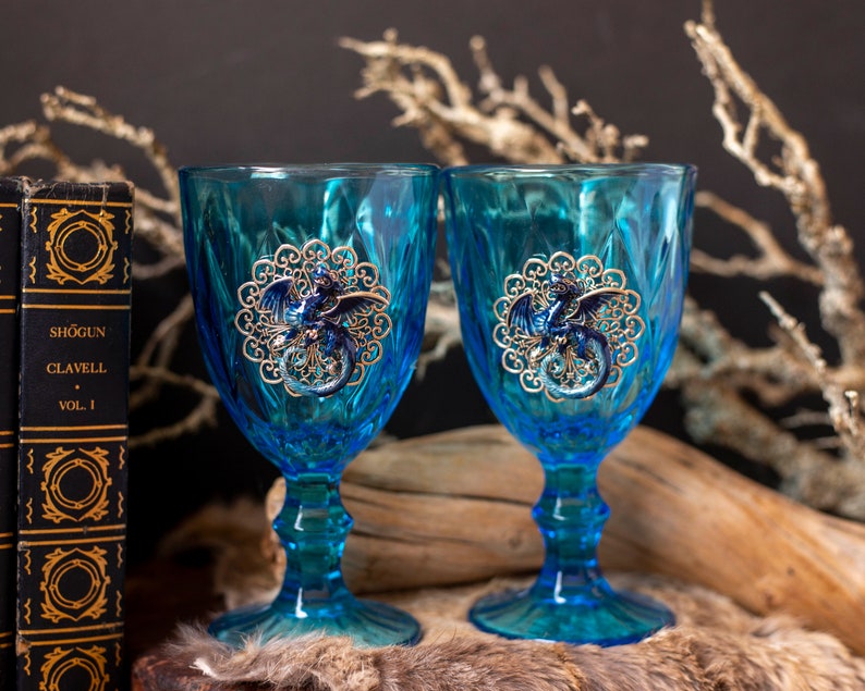 Blue Dragon Glass Goblet Set, Vintage Upcycled Goblets, Fairytale Wedding Glasses, Fantasy Wedding, Hand Fasting image 2