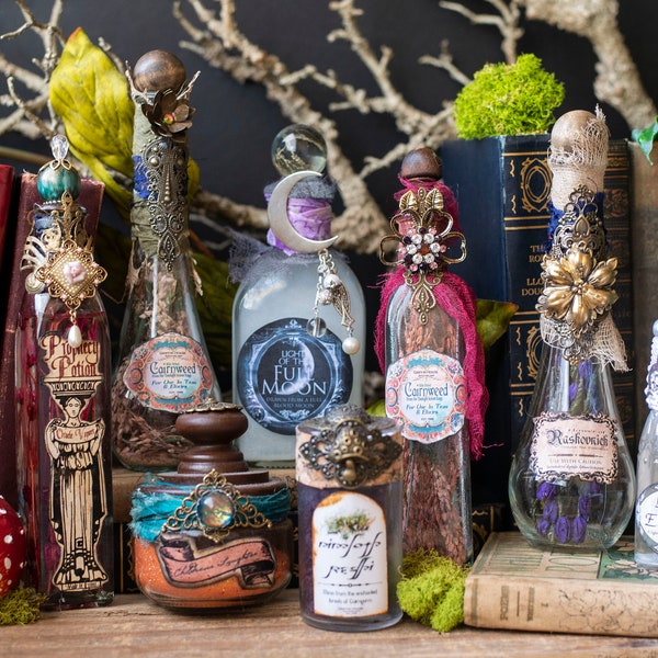 Magic Potion Bottles, Magic Potions, Altered Bottle Art, Fairy Magic, Good Magic, White Magic Potion Bottles, Apothecary Bottles, Assemblage