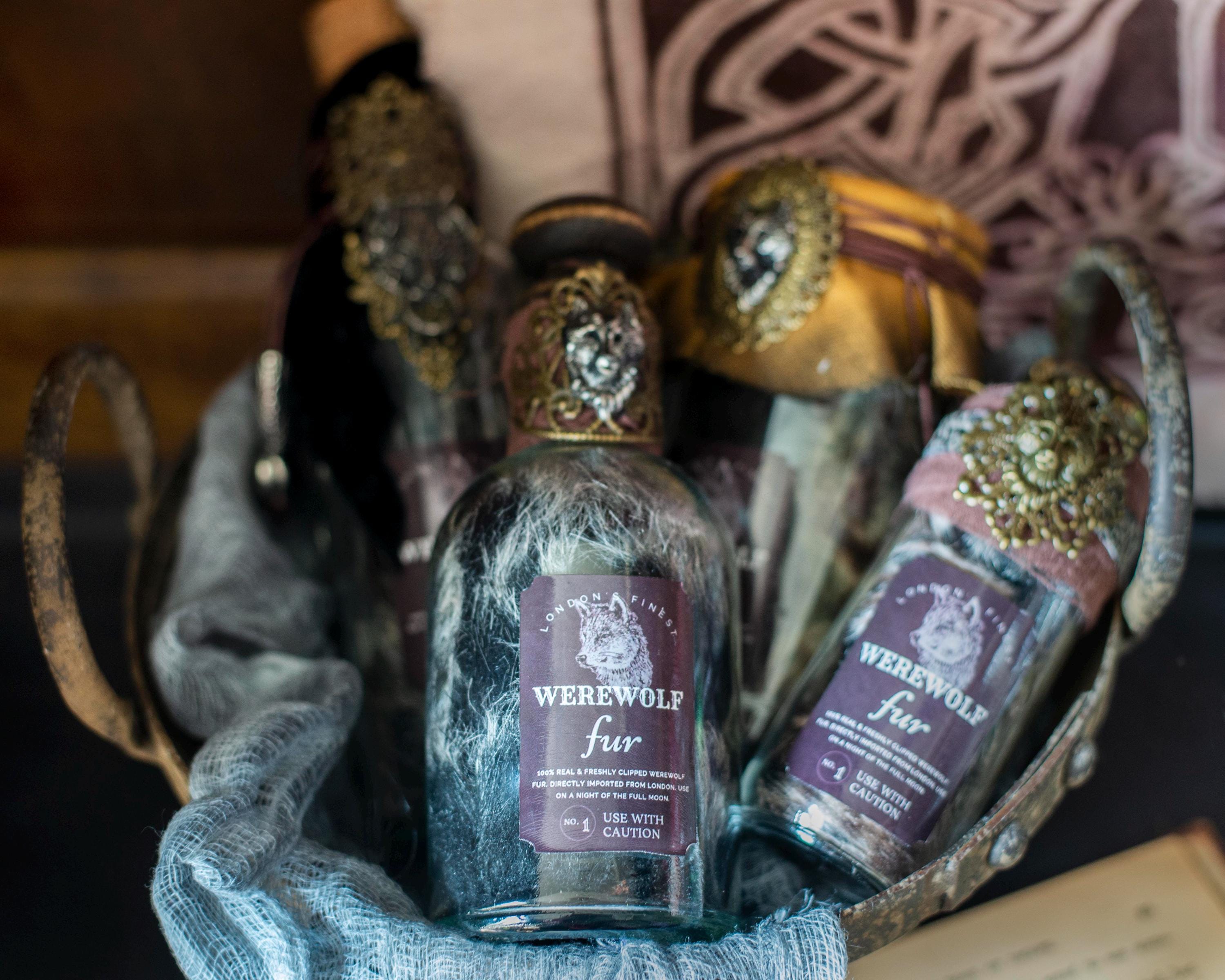 Werewolf Fur Halloween Potion Bottles with Black Label, Halloween Decor, Altered Glass Bottle, Wizard Potion, Halloween Party