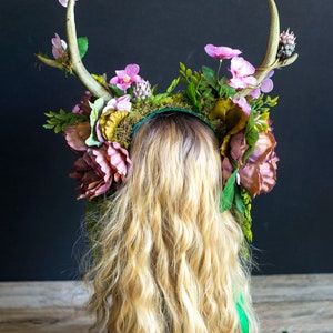 Antler Headdress, Pink Flower Crown, Horned Headdress, Faun Costume, Festival Headdress, Hand Fasting, Fairytale Wedding, Fairy Costume image 5