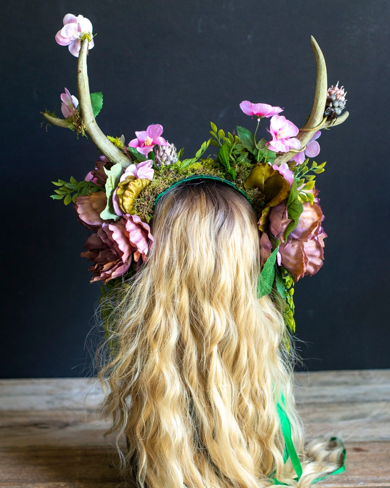 Antler Headdress, Pink Flower Crown, Horned Headdress, Faun Costume, Festival Headdress, Hand Fasting, Fairytale Wedding, Fairy Costume image 5