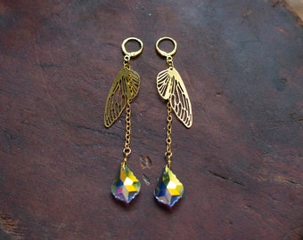 Gold Fairy Wing Earrings: Iridescent Crystal Dangle Earrings