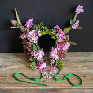 Antler Headdress, Pink Flower Crown, Horned Headdress, Faun Costume, Festival Headdress, Hand Fasting, Fairytale Wedding, Fairy Costume image 9