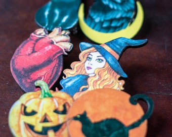 Halloween Pin, Halloween Jewelry, Creepy Brooch, Halloween Badge, Witch Pin, Raven Pin, Black Cat Pin, Pumpkin Pin, Jack O Lantern Pin