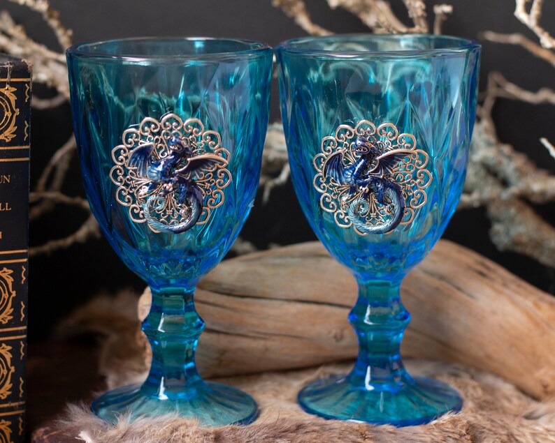 Blue Dragon Glass Goblet Set, Vintage Upcycled Goblets, Fairytale Wedding Glasses, Fantasy Wedding, Hand Fasting image 8