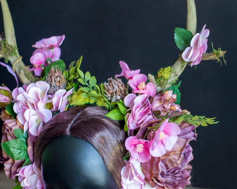 Antler Headdress, Pink Flower Crown, Horned Headdress, Faun Costume, Festival Headdress, Hand Fasting, Fairytale Wedding, Fairy Costume image 7