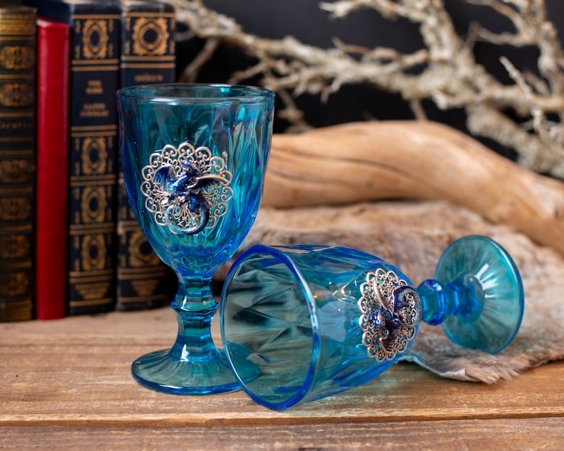 Blue Dragon Glass Goblet Set, Vintage Upcycled Goblets, Fairytale Wedding Glasses, Fantasy Wedding, Hand Fasting image 4