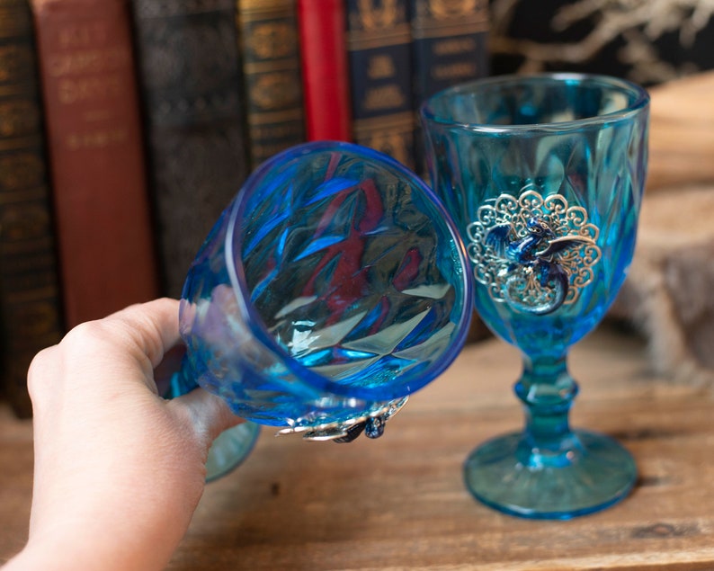 Blue Dragon Glass Goblet Set, Vintage Upcycled Goblets, Fairytale Wedding Glasses, Fantasy Wedding, Hand Fasting image 7