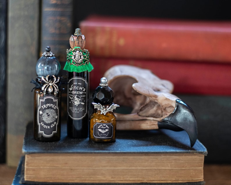 Mini Halloween Potion Bottles, Witch Potion Bottles, Halloween Decor, Altered Glass Bottle, Wizard Potion, Halloween Party, Wizarding School image 1