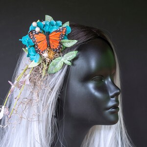 Blue and Purple Flower Butterfly Hair Clip with Real Moss and Painted Monarch Butterfly, Fairy Costume, Hand Fasting, Fairytale Wedding
